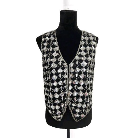 Vtg 80s COTTON ZONE India SILK Black Silver SEQUIN Fish Scale Pattern VEST M EUC - Picture 1 of 8